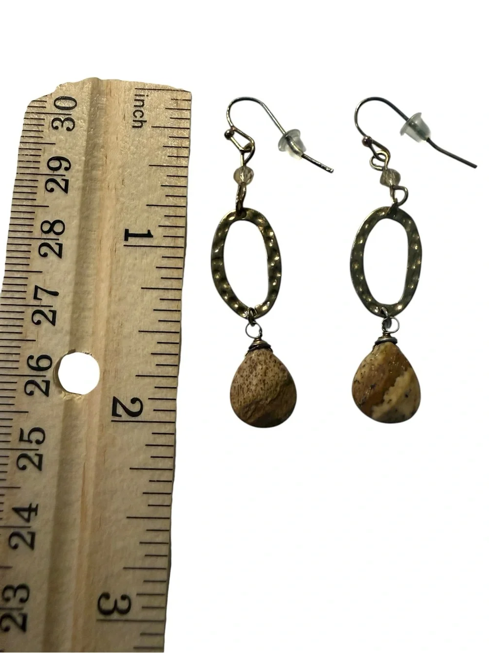 Handcrafted Artisan Hammered Gold Oval Drop Earrings Natural Stone Pendant